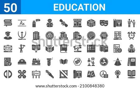 set of 50 education web icons. filled glyph icons such as opened,books couple,semicircles,registered,digital timer,scholar,handwriten alphabet,swing balancer. vector illustration