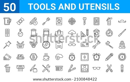 set of 50 tools and utensils web icons. outline thin line icons such as perdible pin,pitcher with levels,trash can open,chote box,tack save button,mercury thermometer degrees,candies,rectangular