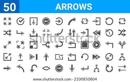 set of 50 arrows web icons. filled glyph icons such as horizontal arrows,expand,right arrow,resize,diagonal arrow,shuffle arrows,confirm,return. vector illustration