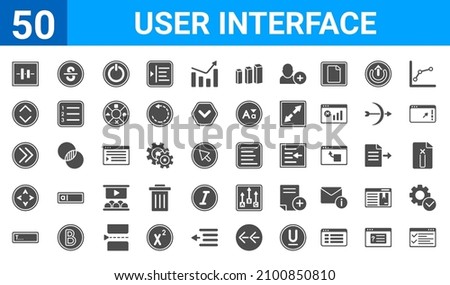 set of 50 user interface web icons. filled glyph icons such as task list,vertical align,text box,move arrows,right button,up and down arrow,strikethrough,left side alignment. vector illustration