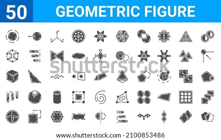 set of 50 geometric figure web icons. filled glyph icons such as intersection,circular,sphere,vertical alignment,side to side of a cube,constraint,sent,tetrahedron. vector illustration