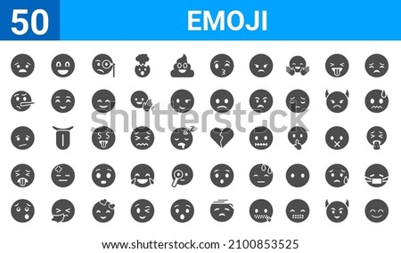 set of 50 emoji web icons. filled glyph icons such as calm emoji,anguished emoji,wondering emoji,disgusted emoji,confused emoji,lying emoji,excited emoji,broken heart emoji. vector illustration