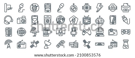 set of 40 flat technology web icons in line style such as mic with long cable, natural resources, spreadsheet, frequency antenna, screen blank, printer tool, navigation compass icons for report,