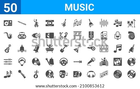 set of 50 music web icons. filled glyph icons such as long play,recorder player,musical sixteenth note,music control tings button,spanish,sax,piccolo,russian. vector illustration