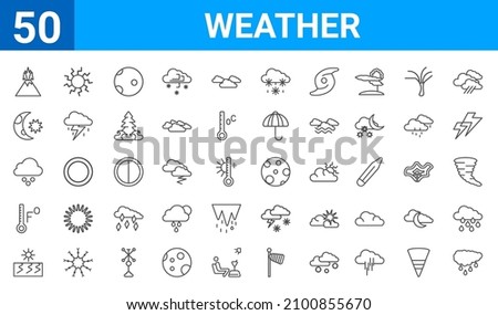 set of 50 weather web icons. outline thin line icons such as raindrops,eruption,drought,farenheit,hailstorm,starry night,sunny,waxing moon. vector illustration