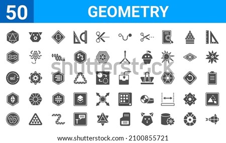 set of 50 geometry web icons. filled glyph icons such as polygonal fish shape of small triangles,icosahedron,attach,octahedron,rotate,ellipse,polygonal dog,import. vector illustration