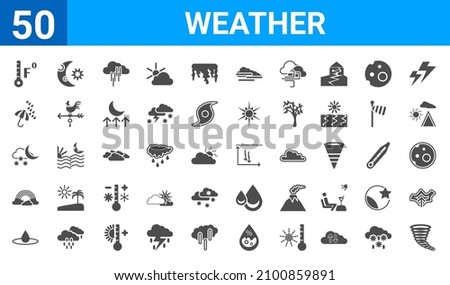 set of 50 weather web icons. filled glyph icons such as tornado,farenheit,deluge,rainbow,cloudy night,sprinkle weather,starry night,atmospheric pressure. vector illustration
