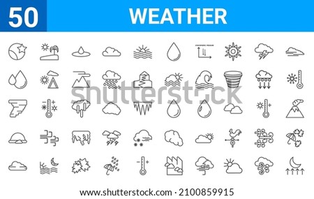 set of 50 weather web icons. outline thin line icons such as moonrise,waning moon,foggy day,rainbow,hurricane,drops,subtropical climate,water drop. vector illustration