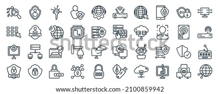 set of 40 flat networking web icons in line style such as privacy, passkey, computer security, https, hard drive, data streaming, router icons for report, presentation, diagram, web design