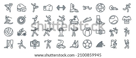 set of 40 flat sports web icons in line style such as baseball helmet, jet surfing, volleyball ball, shin guards, tennis sport ball, man sprinting, ski boots icons for report, presentation, diagram,
