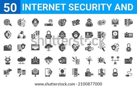set of 50 internet security and web icons. filled glyph icons such as phone cable,internet,computing cloud,bot,folder security,sync,network,pendrive security. vector illustration