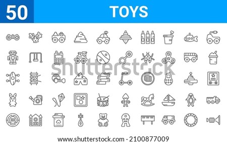 set of 50 toys web icons. outline thin line icons such as et toy,gamepad toy,steering wheel toy,bunny toy,skate toy,robot toy,puzzle toy,scooter toy. vector illustration