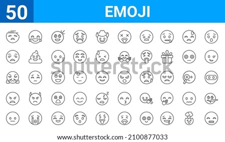 set of 50 emoji web icons. outline thin line icons such as grinning emoji,sick emoji,bored emoji,angry emoji,emoji with steam from e,suspect emoji,laughing emoji,yelling emoji. vector illustration