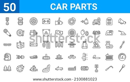 set of 50 car parts web icons. outline thin line icons such as car dipstick,car cylinder,car cowl,car brake light,car grille or radiator grille,car camshaft,car roof,car jack. vector illustration