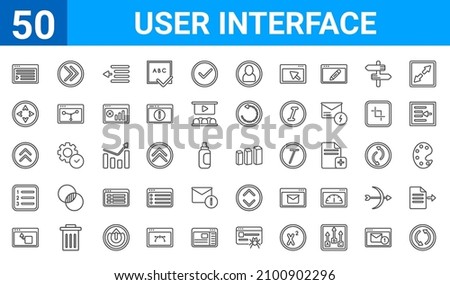 set of 50 user interface web icons. outline thin line icons such as update arrows,selective,window back button,numbering,top arrows,move arrows,right button,3d bars. vector illustration