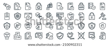 set of 40 flat gdpr web icons in line style such as penalty, information, alert, encryption, lock, cookie, child consent icons for report, presentation, diagram, web design