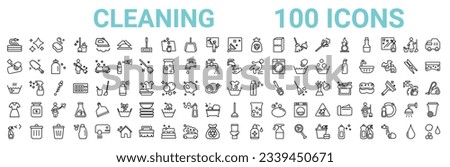 outline set of 100 cleaning line icons. linear vector icons such as neat,clean,washing hand,hot water,clothes cleaning,cleaner uniform,plunger,toilet. vector illustration