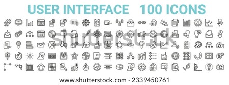 outline set of 100 user interface line icons. linear vector icons such as print filled interface tool,mail inbox,wi-fi,avi extension,radar chart with pentagon,dollar,grid off,3d pie chart. vector