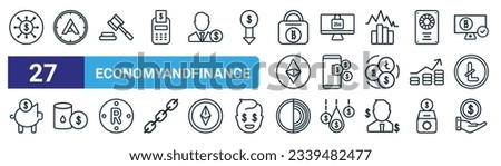 set of 27 outline web economyandfinance icons such as node,  , auction hammer, sha 2, fintech industry, oil economy, tor, income vector thin line icons for web design, mobile app.