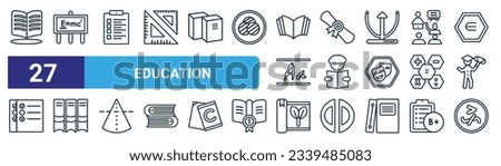 set of 27 outline web education icons such as opened, theory of relativity, as, folded certificate, man reading, books group of three from side view, eco book, greater but not equivalent vector thin