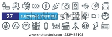 set of 27 outline web electronic stuff fill icons such as handy cam, old camera, video camera, portrait, floppy disk, auto flash, clapperboard, radio vector thin line icons for web design, mobile