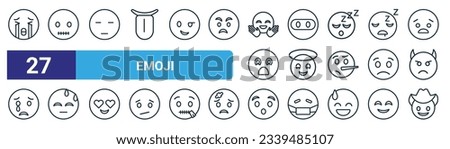 set of 27 outline web emoji icons such as crying emoji, quiet emoji, expressionless ninja smiling  with halo sweating shocked cowboy hat vector thin line icons for web design, mobile app.