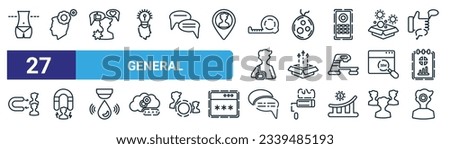 set of 27 outline web general icons such as weight loss, realization, social media specialist, organism, product release, user engagement, message app, user behavior vector thin line icons for web