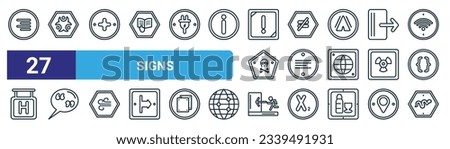 set of 27 outline web signs icons such as align right, toxic material, addition, is not equal to, align left, quotes, emergency exit, snake vector thin line icons for web design, mobile app.
