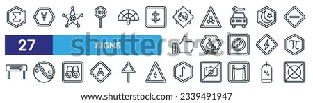 set of 27 outline web signs icons such as the sum of, chinese, sheriff star, biohazard risk triangular, ramp, yin yang, integral, do not dry vector thin line icons for web design, mobile app.