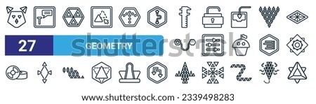 set of 27 outline web geometry icons such as polygonal cat, text, multiple triangles inside hexagon, unlock, adjust, polygonal synergy shapes, polygonal jet aircraft, metatron cube vector thin line