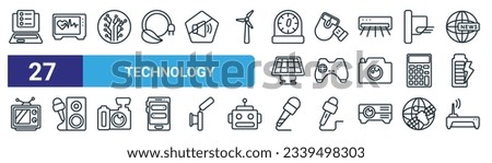 set of 27 outline web technology icons such as customs, electrocardiogram line, circuit board, wireless mouse, sega gamepad, entertainer, microphone interface, wireless transmitter vector thin line