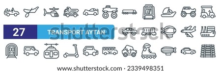 set of 27 outline web transport aytan icons such as cabriolet, dugout canoe, helicopter profile, light rail, wagon, minivan, all terrain vehicle, railway line vector thin line icons for web design,