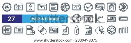 set of 27 outline web user interface icons such as strikethrough, question button, slim up, round done button, video file, answer, spray paint, 3d bars vector thin line icons for web design, mobile