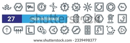 set of 27 outline web user interface icons such as hand and sprout, increasing, sketch loop arrow, solar recycle, musical, rear window defrost, squiggly arrow, movie play button vector thin line