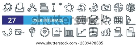 set of 27 outline web user interface icons such as flow chart interface, email opened envelope, connected users in flow chart, binary code loading, writing square, data import interface, data