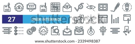 set of 27 outline web user interface icons such as uploading file, download from the cloud, print filled interface tool, hidden, user data analytics, radio button, dollars in a mail, mobile stock