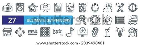 set of 27 outline web ultimate glyphicons icons such as computer keyboard, washing hine with dots, star point, time almost full, reload arrow, big and small dots, tv wireless connection, band vector