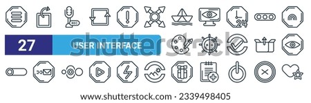 set of 27 outline web user interface icons such as 31 october, paper bird, compose, detective search, object alignment, ink level, wink smile, smiling smile vector thin line icons for web design,
