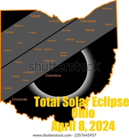 Vector art showing the April 8, 2024 total solar eclipse path over Ohio