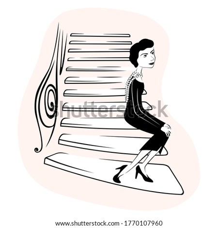 Coco Chanel on the stairs of a fashion house at 31 rue cambon. hand drawn style black and white. vector