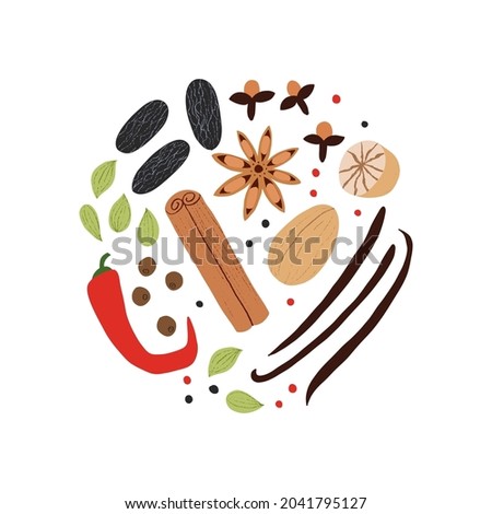 Spices for desserts set. Flat hand drawn seasoning for cooking sweet food. Cinnamon, nutmeg, anise, tonka beans, cardamom, pepper, vanilla.