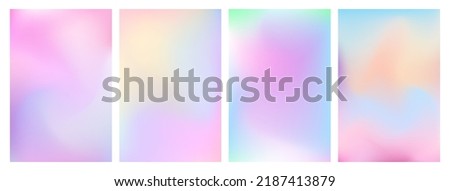 Y2K holographic gradient set. Iridescent aura pastel rainbow mesh backgrounds. Soft blurry pink, blue and mint textures for social media templates and other graphic designs.