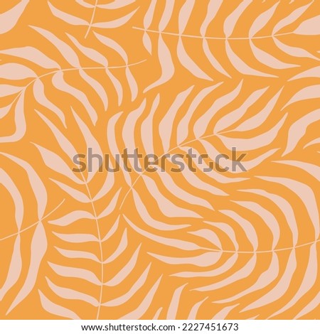 Groovy leaf seamless pattern. Retro trippy cute palm leaves on a yellow background. Summer abstract floral textile vintage print. Pastel trendy garden ornament in 70s moody style.