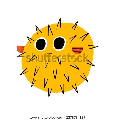 Blowfish cute vector illustration. Flat hand drawn doodle fish mascot. Happy fugu character for underwater cartoon graphic design.