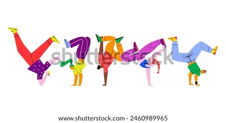 Group of five people breakdance. Bright vector hand drawn illustration of breakdancers competition.