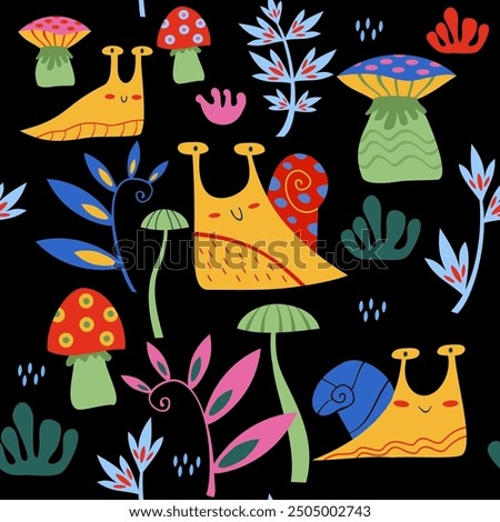 Bright floral children's seamless pattern: snails and fly agarics on a black background. Vector illustration for fabric.