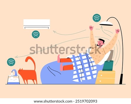 Man woke up and the smart speaker turned on all the electronic devices in the house: the air conditioner, the cat’s water bowl, the lamp. Smart home vector illustration.