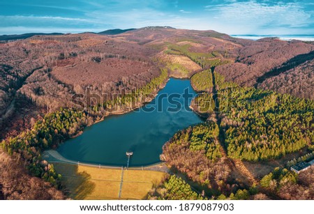 Hungary - Matra mountains with Csori-reti water reservoir from drone view Stock fotó © 