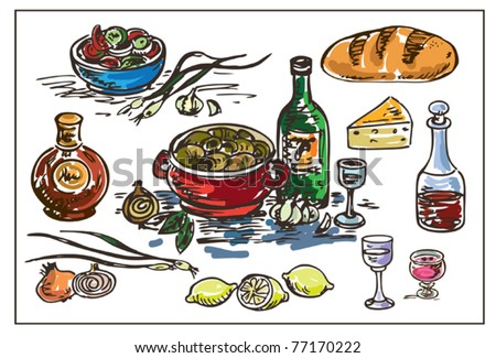 hand drawing illustration with colorful food and wine