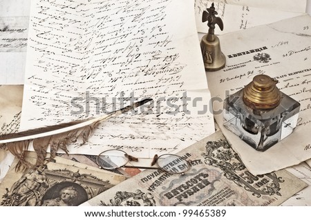 ancient letters  and  old inkwell